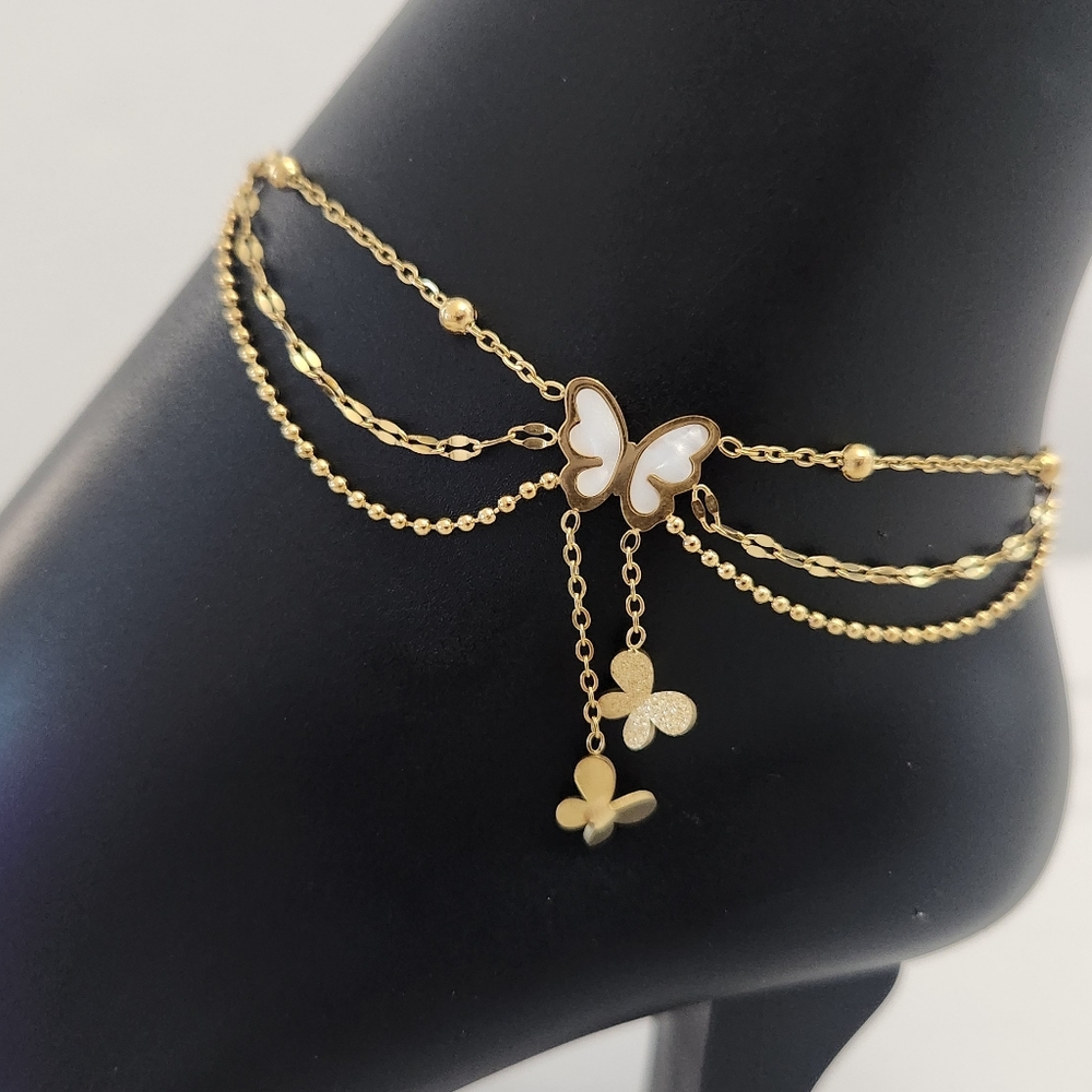 Gold & Mother Of Pearl Layered Butterfly Anklet - Picture 4 of 14